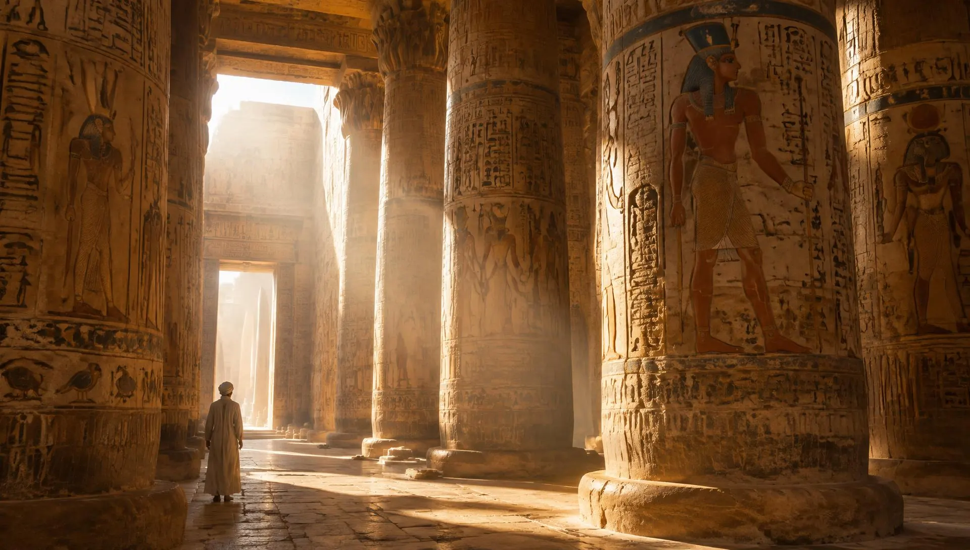 Sunlight falling through the columns of an ancient Egyptian temple