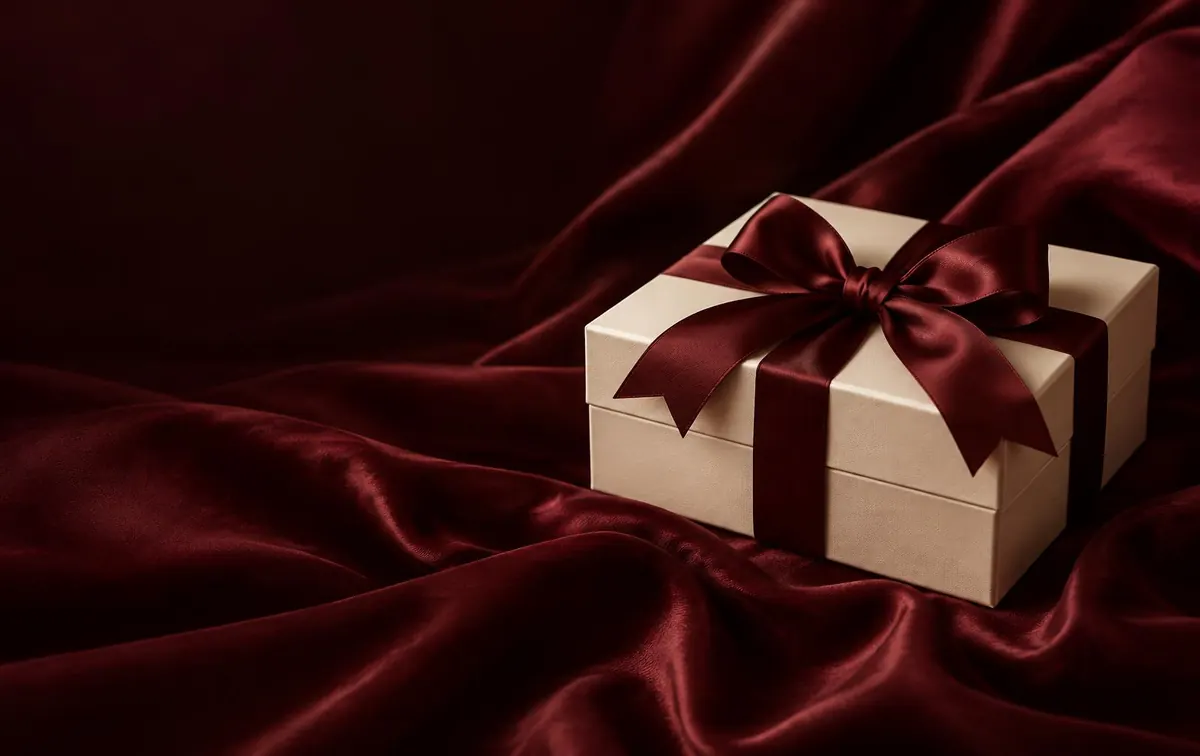 An ivory Tales of Two Lands gift box tied with a maroon satin ribbon