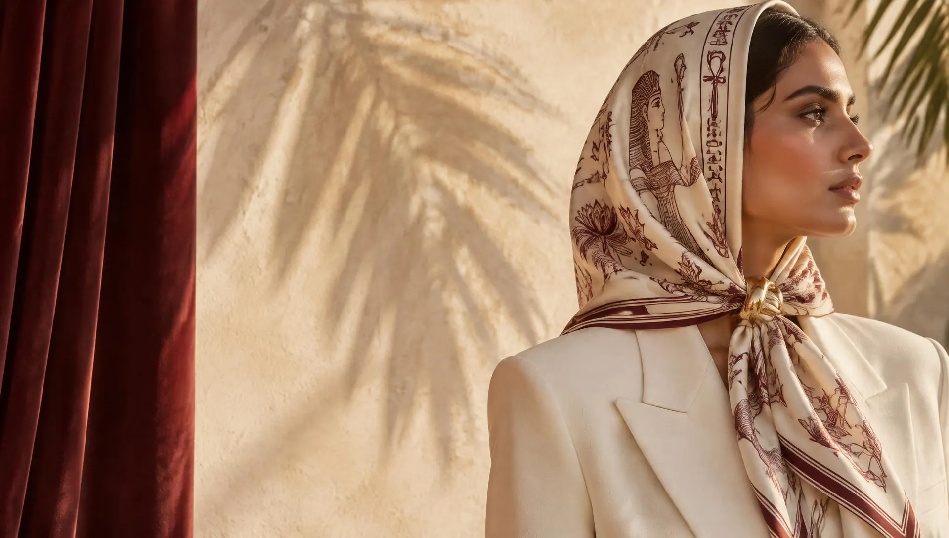 A woman wearing an ivory silk scarf illustrated with pharaonic scenes, held by a gold scarf ring