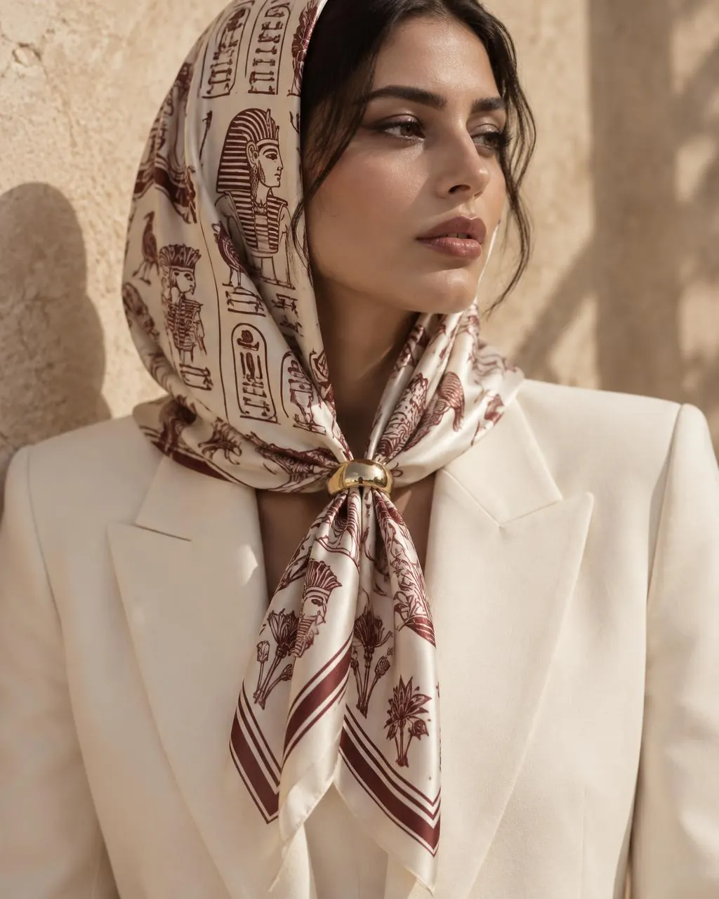Silk scarf tied at the neck and held by a gold scarf ring