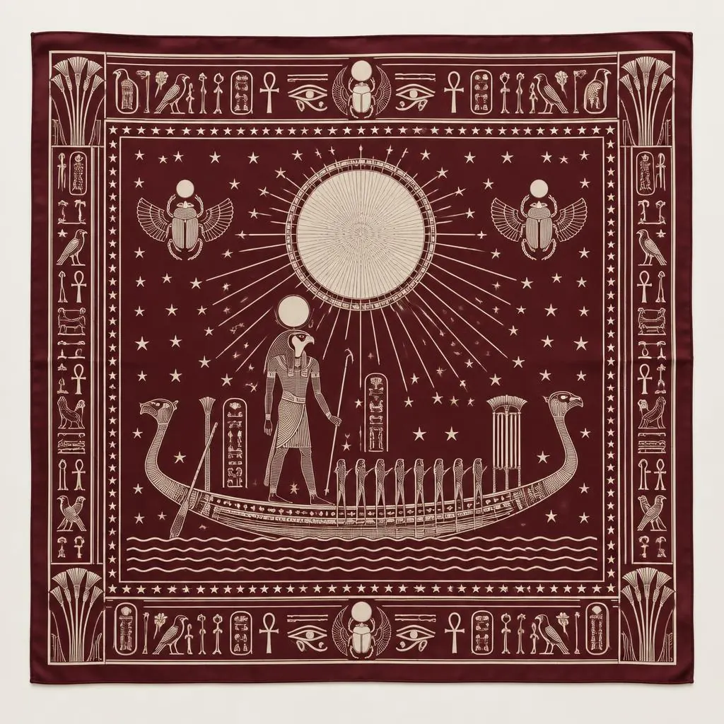 The Journey of Ra silk scarf in Temple Maroon, laid flat