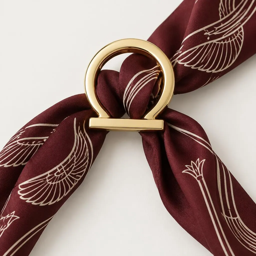 The Shen scarf ring holding a maroon silk scarf