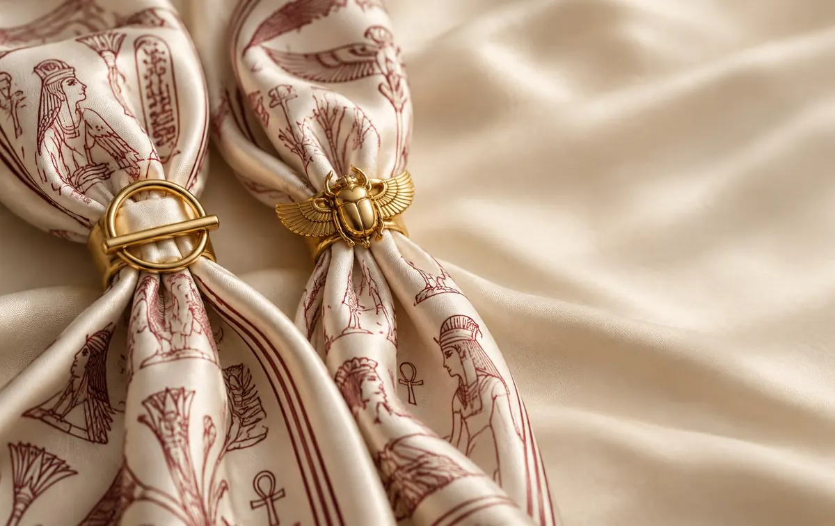 Shen and Scarab scarf rings holding two silk scarves