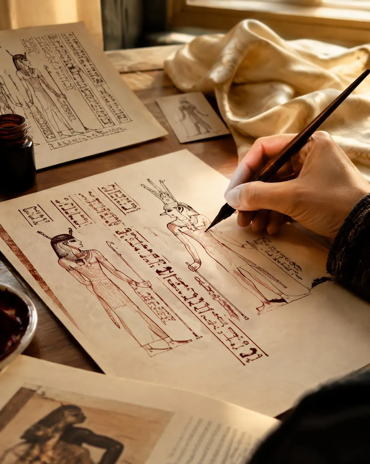 An illustrator drawing pharaonic figures in maroon ink