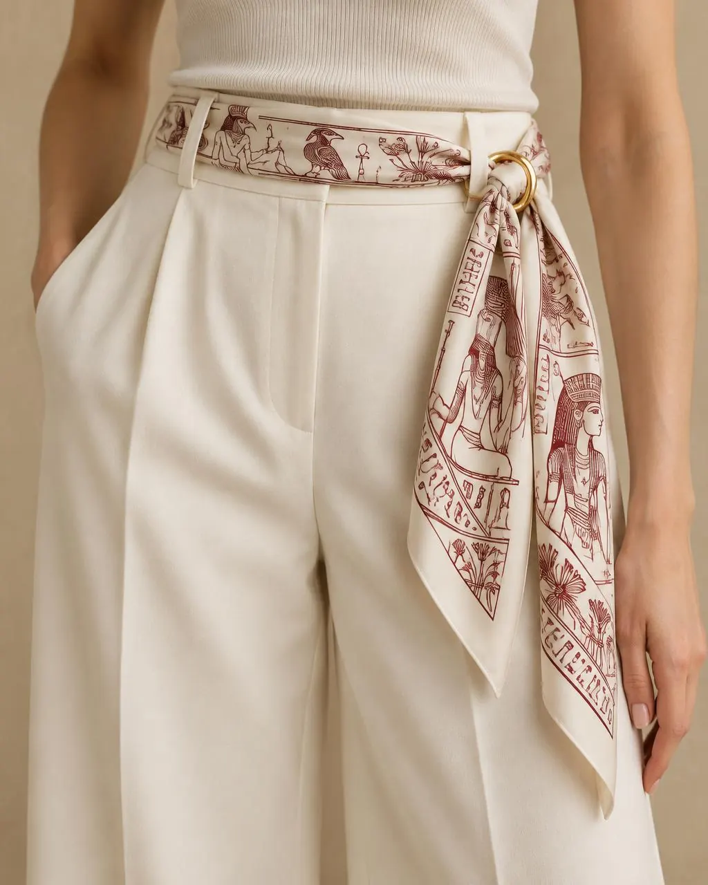 Scarf worn as a belt and fastened with a gold scarf ring