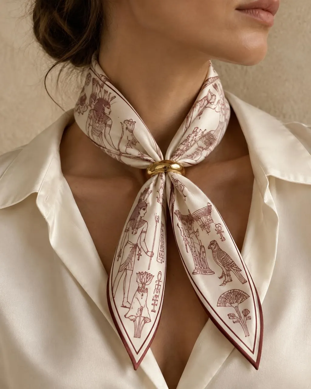 Scarf tied at the neck with a gold scarf ring