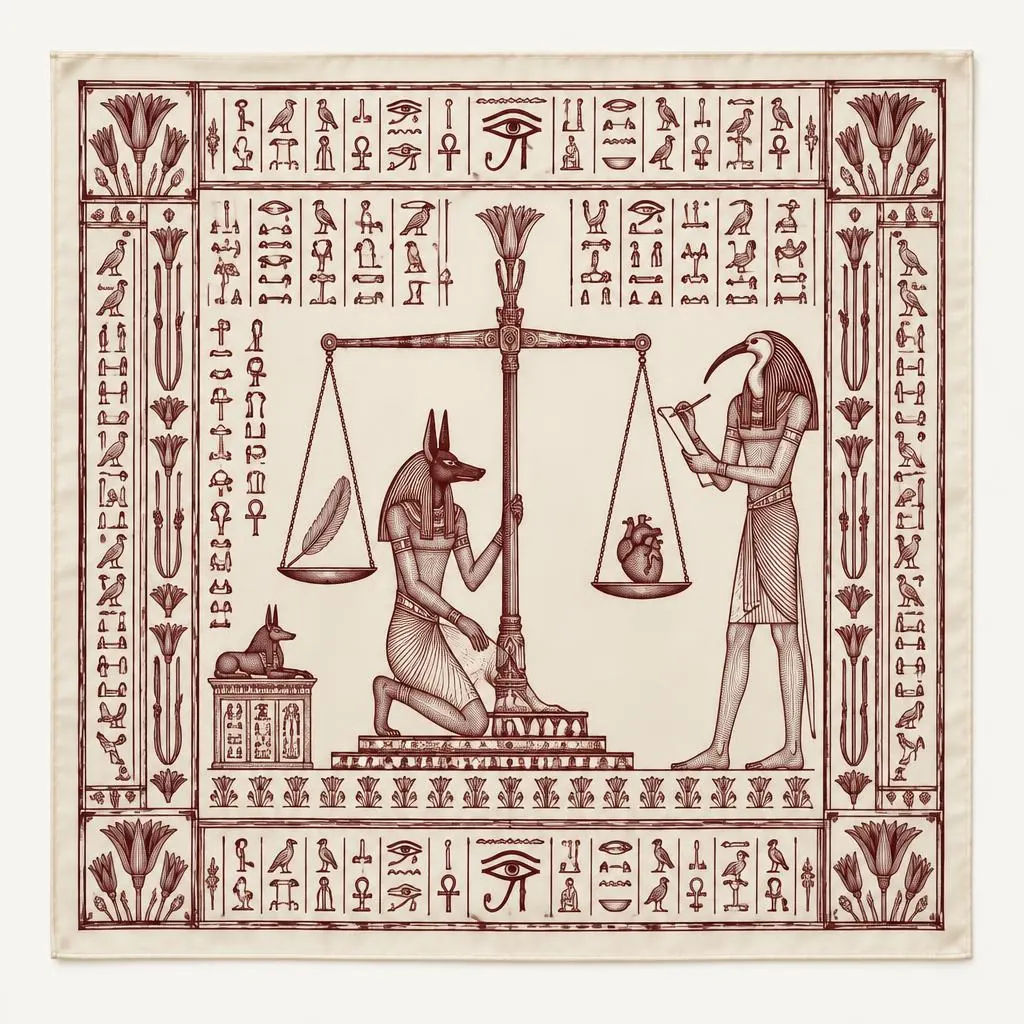 The Weighing of the Heart silk scarf in Papyrus Ivory, laid flat