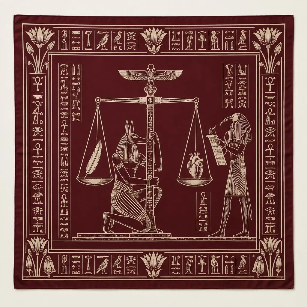 The Weighing of the Heart silk scarf in Temple Maroon, laid flat